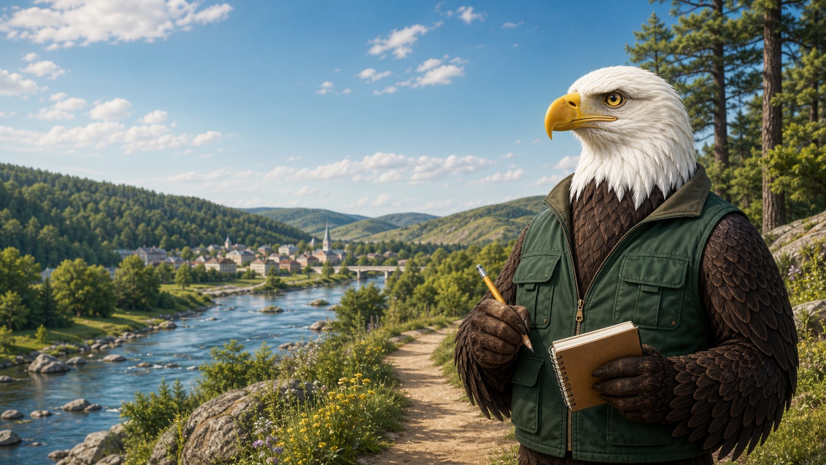 RERC-e, a bald eagle field guide holding a notebook at a rural trailhead